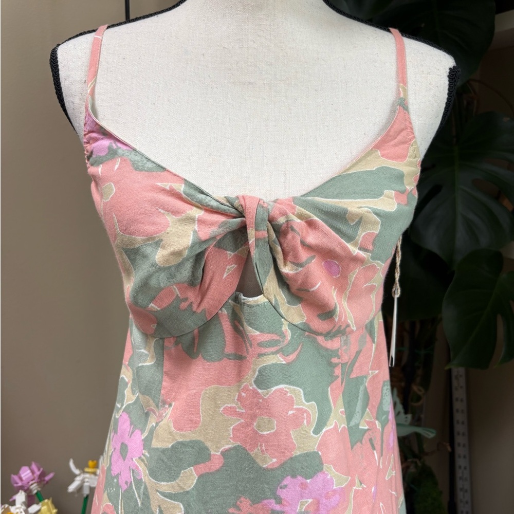 NWT Floral Tie-Front Linen Mini Dress in Pink & Green by Jessica Simpson - Picture 3 of 9